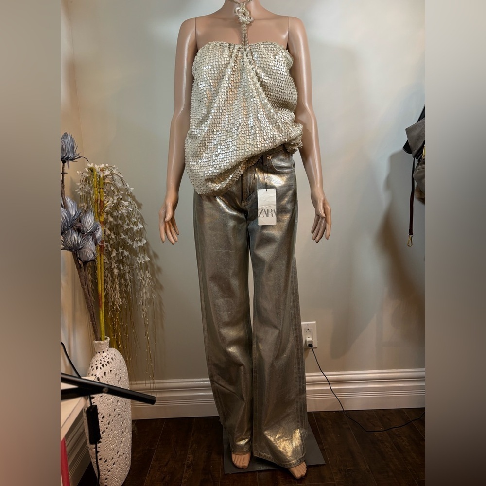 NWT ZARA MID WAIST TRF WIDE LEG FOIL WOMEN JEANS Size 4 - Picture 2 of 15